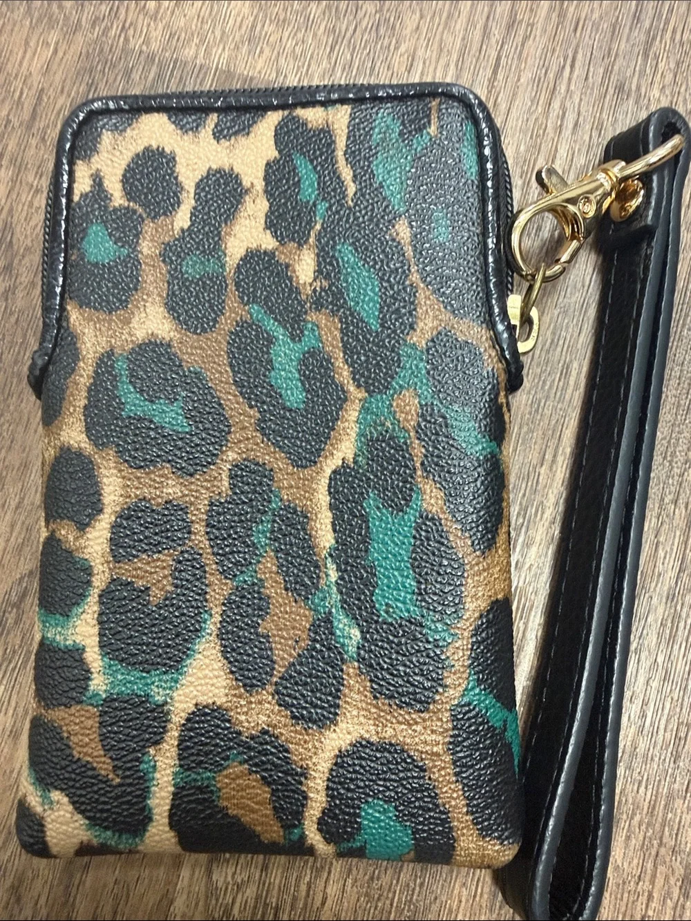 Vintage Coach Leopard Print Wristlet Phone Case in Brown, Black & Green